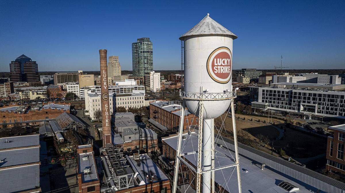 An aerial view of the American Tobacco Campus in Durham, Wednesday, Dec. 20, 2023.
