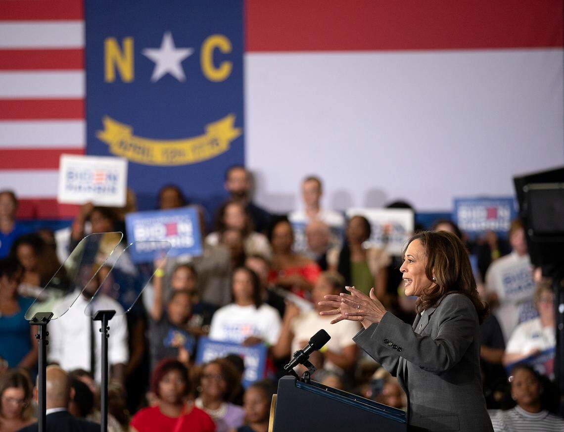 Vice President Kamala Harris speaks during a campaign event at James B. Dudley High School on Thursday, July 11, 2024, in Greensboro, N.C.