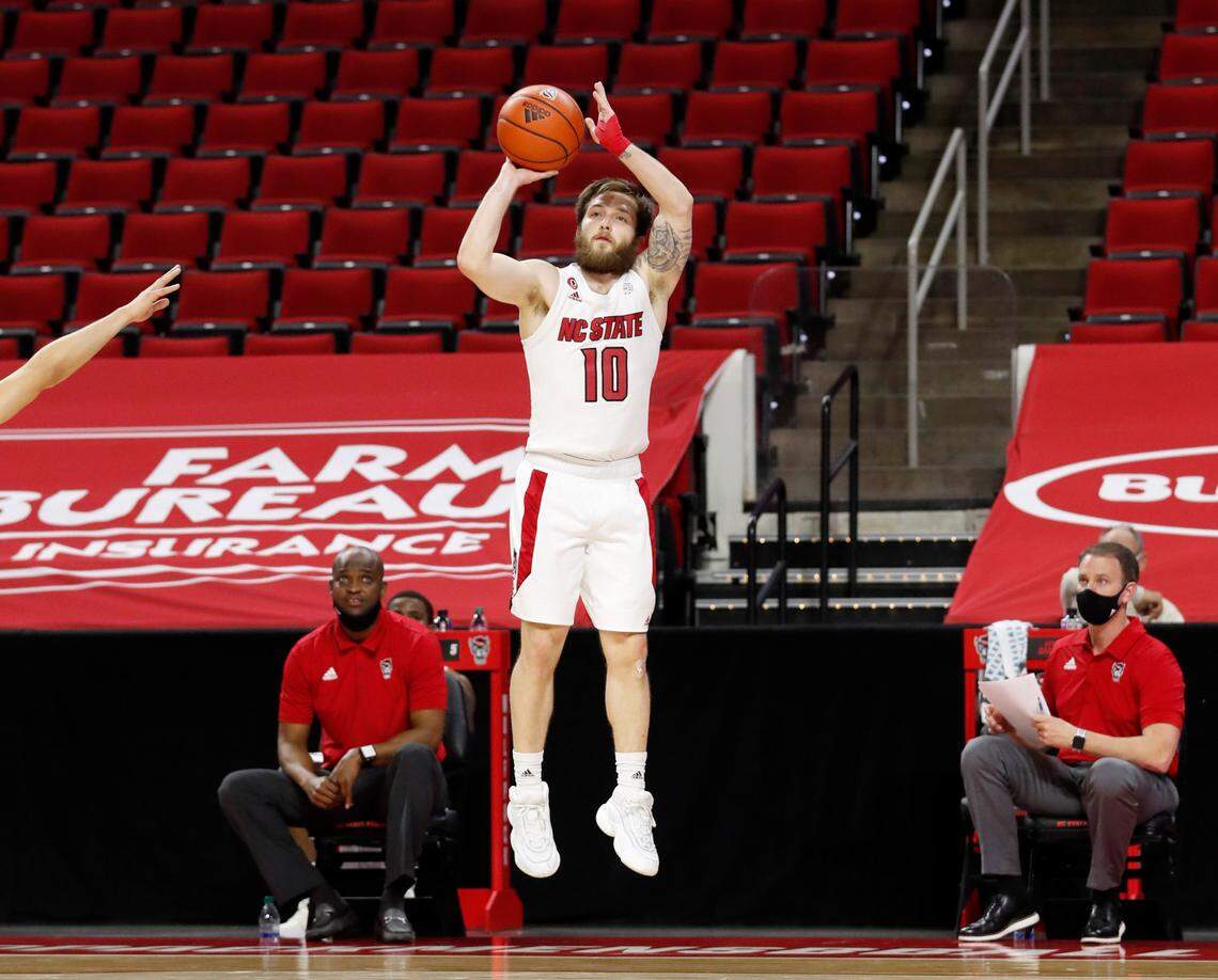 N.C. State’s Braxton Beverly (10) shoots a three-pointer during the second half of N.C. State’s 69-50 victory over Campbell at PNC Arena in Raleigh, N.C., Saturday, Dec. 19, 2020.