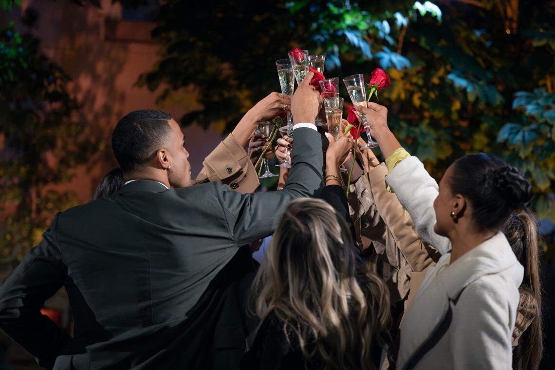 Grant Ellis and the women who got a rose during the Feb. 17 episode of “The Bachelor” on ABC.