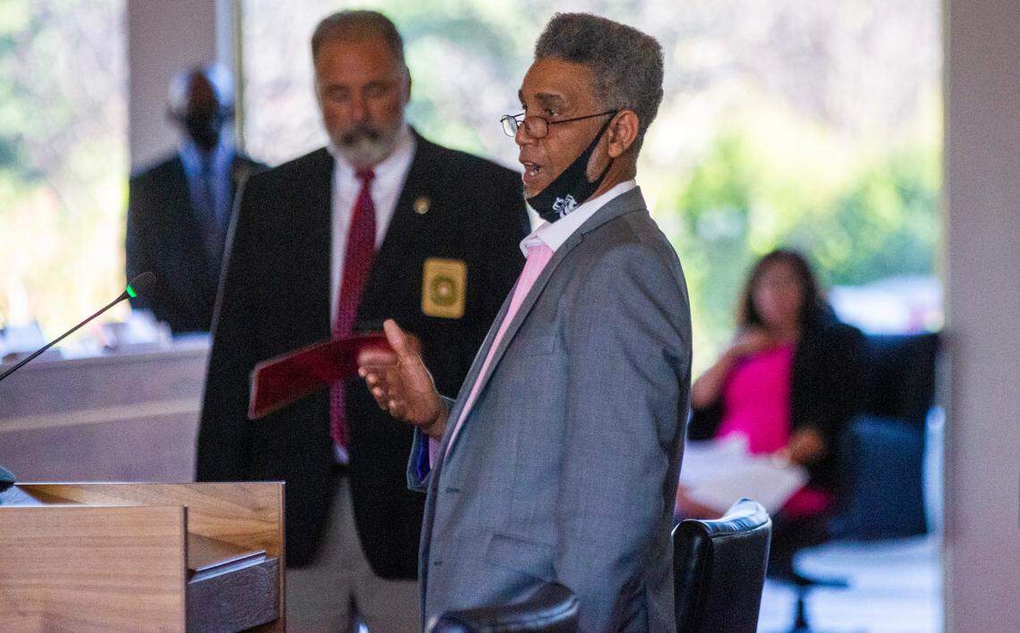 Paul Taylor of the National Black Leadership Caucus North Carolina 8th Congressional District, addresses state lawmakers during a public comment hearing on Senate and House legislative redistricting maps Monday, Oct. 15, 2021 at the Legislative Building in Raleigh.
