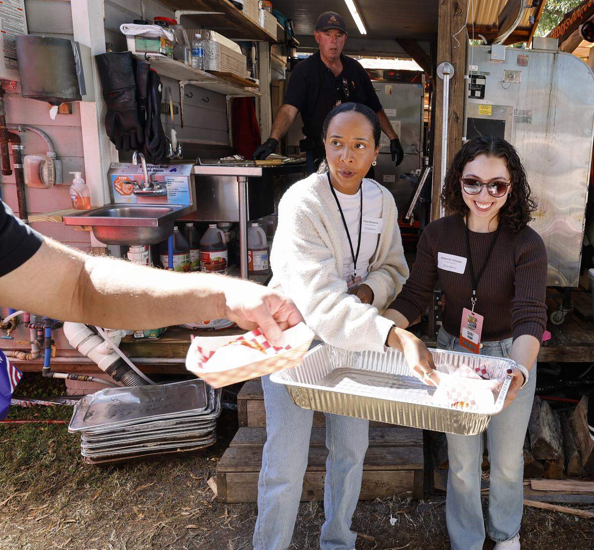 Kimberly Cataudella Tutuska and Chyna Blackmon had out Cowgirl Bites from Fat Boys BBQ during the Foodie's Tour of the State Fair at the N.C. State Fair in Raleigh, N.C., Friday, October 17, 2025.