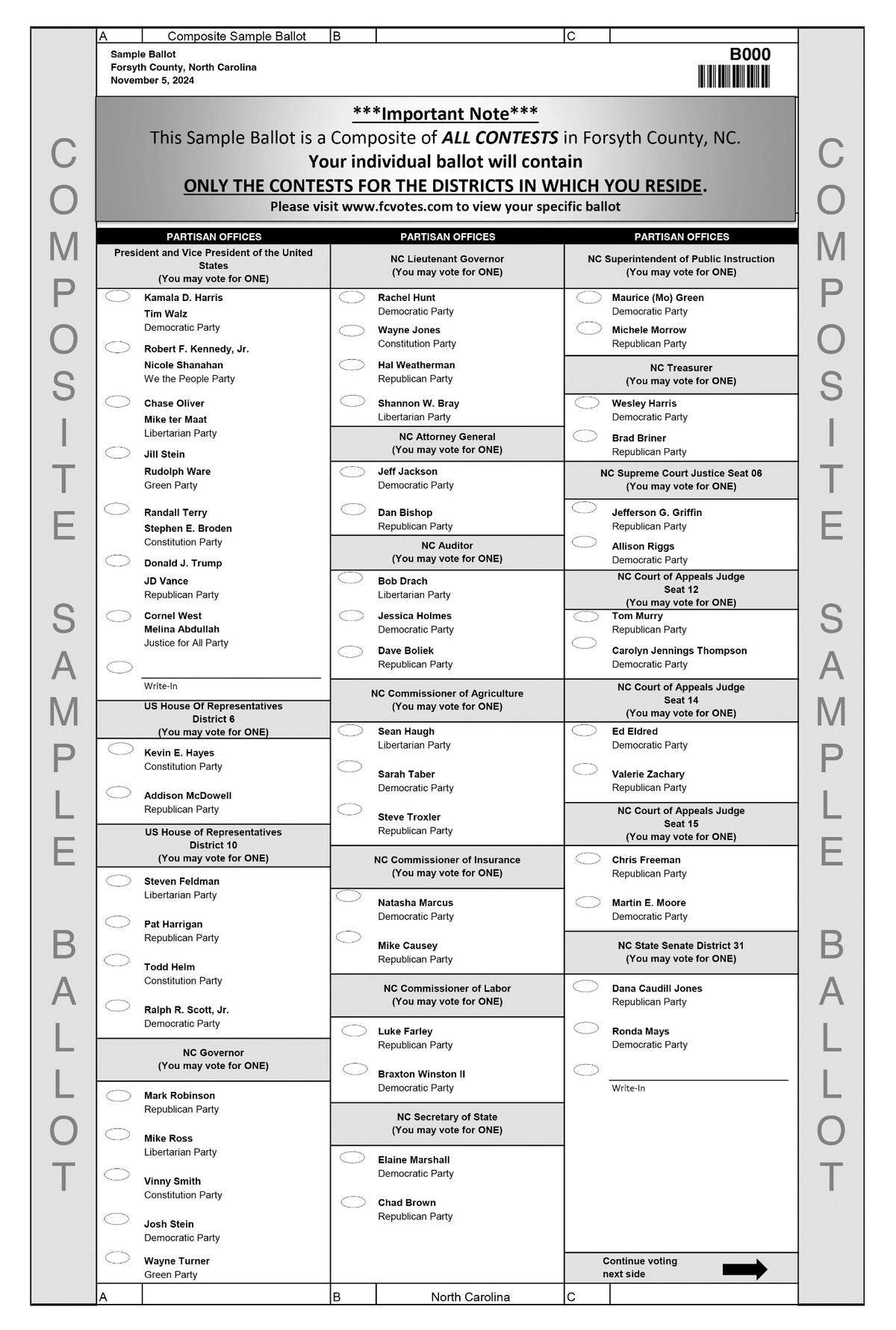 The first page of a Forsyth County sample ballot for the November 5, 2024, election. The ballot is a composite of all contests in Forsyth County.
