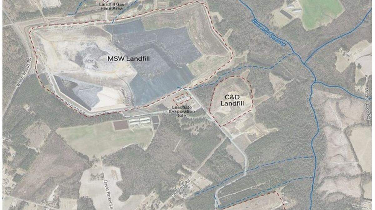 The Environmental Justice Community Action Network has filed a formal notice of intent to sue against the owners of the Sampson County Landfill, alleging forever chemical contamination from the landfill’s groundwater and emissions. This graphic shows the different sites of the landfill, including two municipal solid waste and two construction facilities.