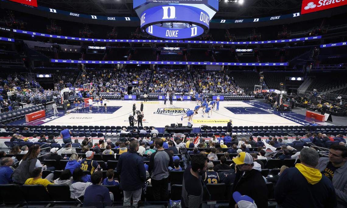 Duke basketball participates in an open practice during ESPN’s College GameDay at Capital One Arena in Washington, D.C., Saturday, Feb. 21, 2026.