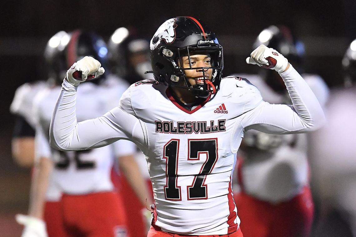 Rolesville wide receiver Jaedon Alford (17) reacts after running for the long touchdown after breaking tackles from Cardinal Gibbons during the first half. The Rolesville Rams and the Cardinal Gibbons Crusaders met in the East Regional Final of the NCHSAA 4A football playoffs in Raleigh, N.C. on December 13, 2024.
