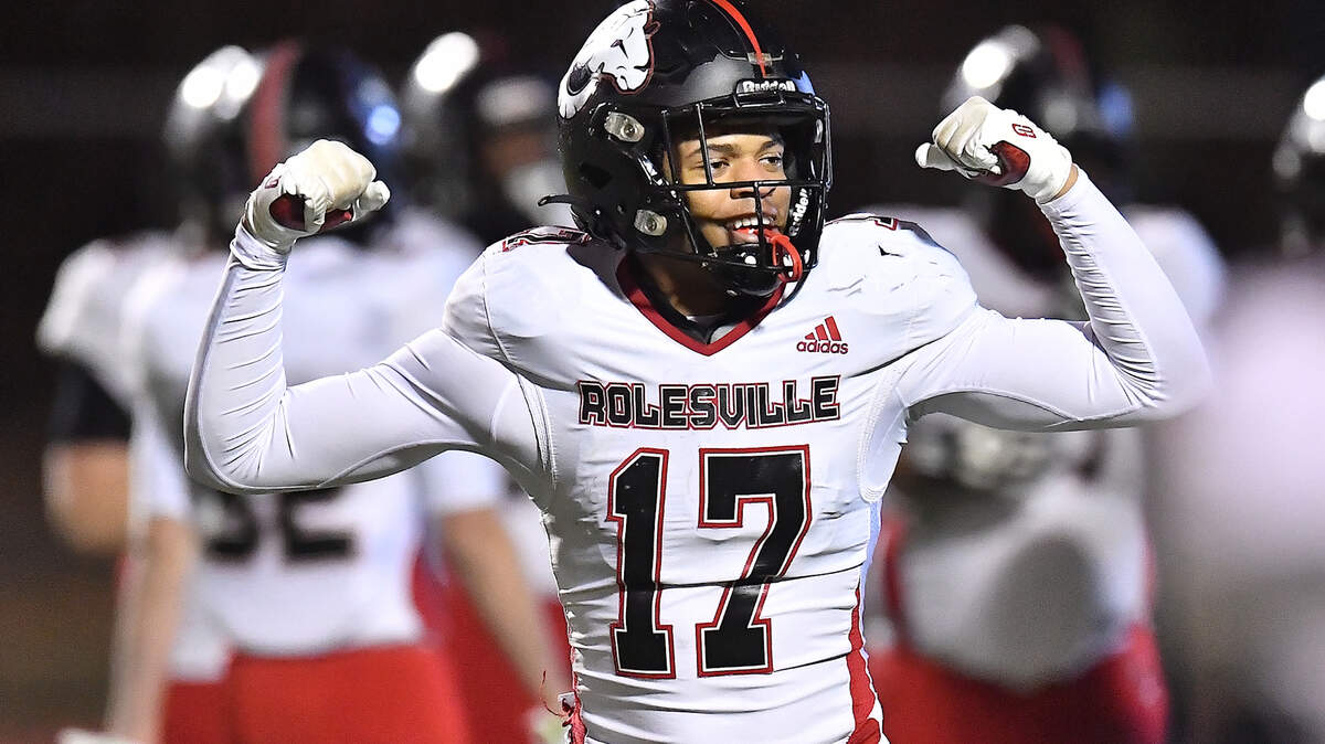Rolesville wide receiver Jaedon Alford (17) reacts after running for the long touchdown after breaking tackles from Cardinal Gibbons during the first half. The Rolesville Rams and the Cardinal Gibbons Crusaders met in the East Regional Final of the NCHSAA 4A football playoffs in Raleigh, N.C. on December 13, 2024.