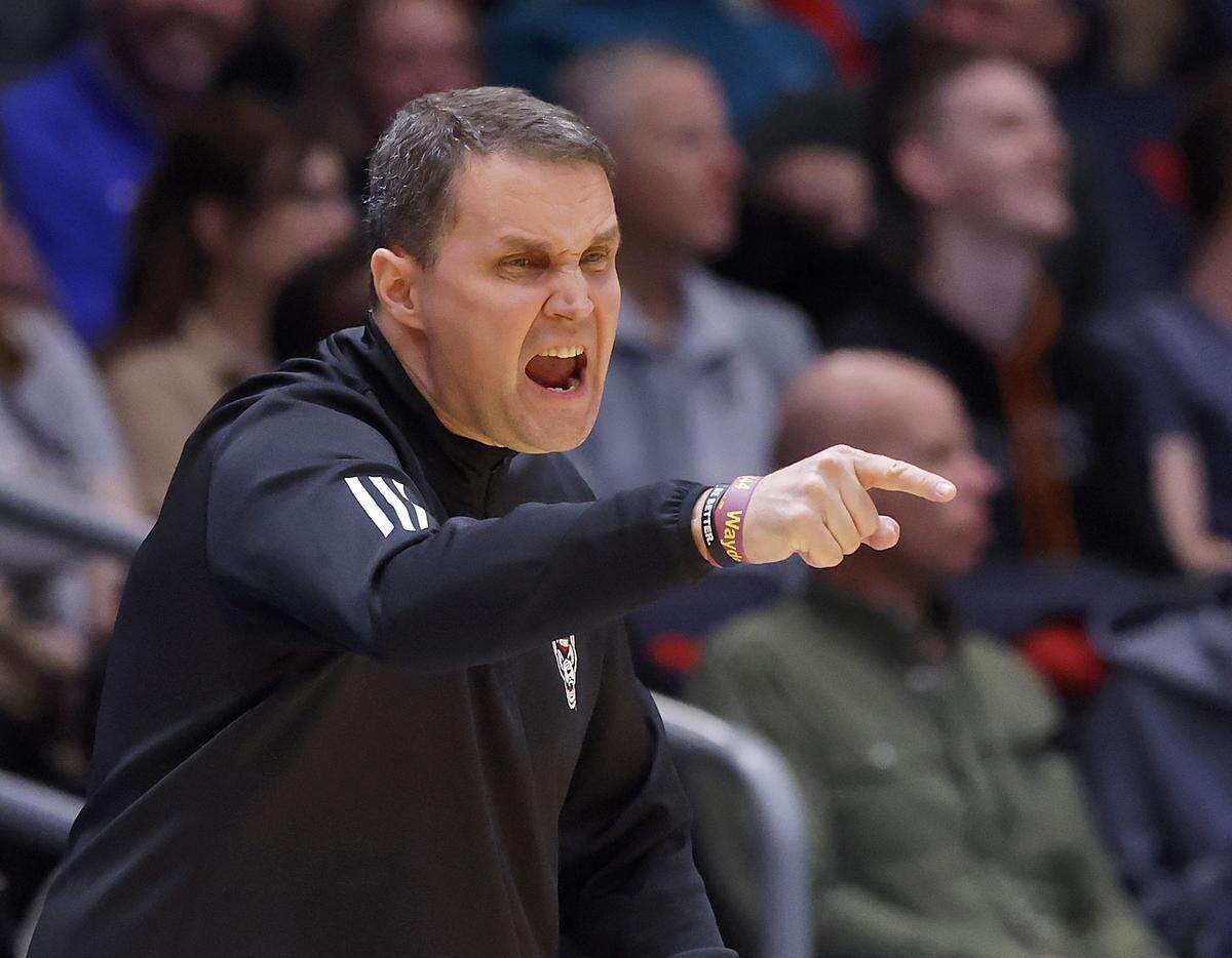 N.C. State head coach Will Wade gives instructions during the second half of the Wolfpack’s 68-66 loss to Texas in the NCAA First Four on Tuesday, March 17, 2026, at the University of Dayton Arena in Dayton, Ohio.