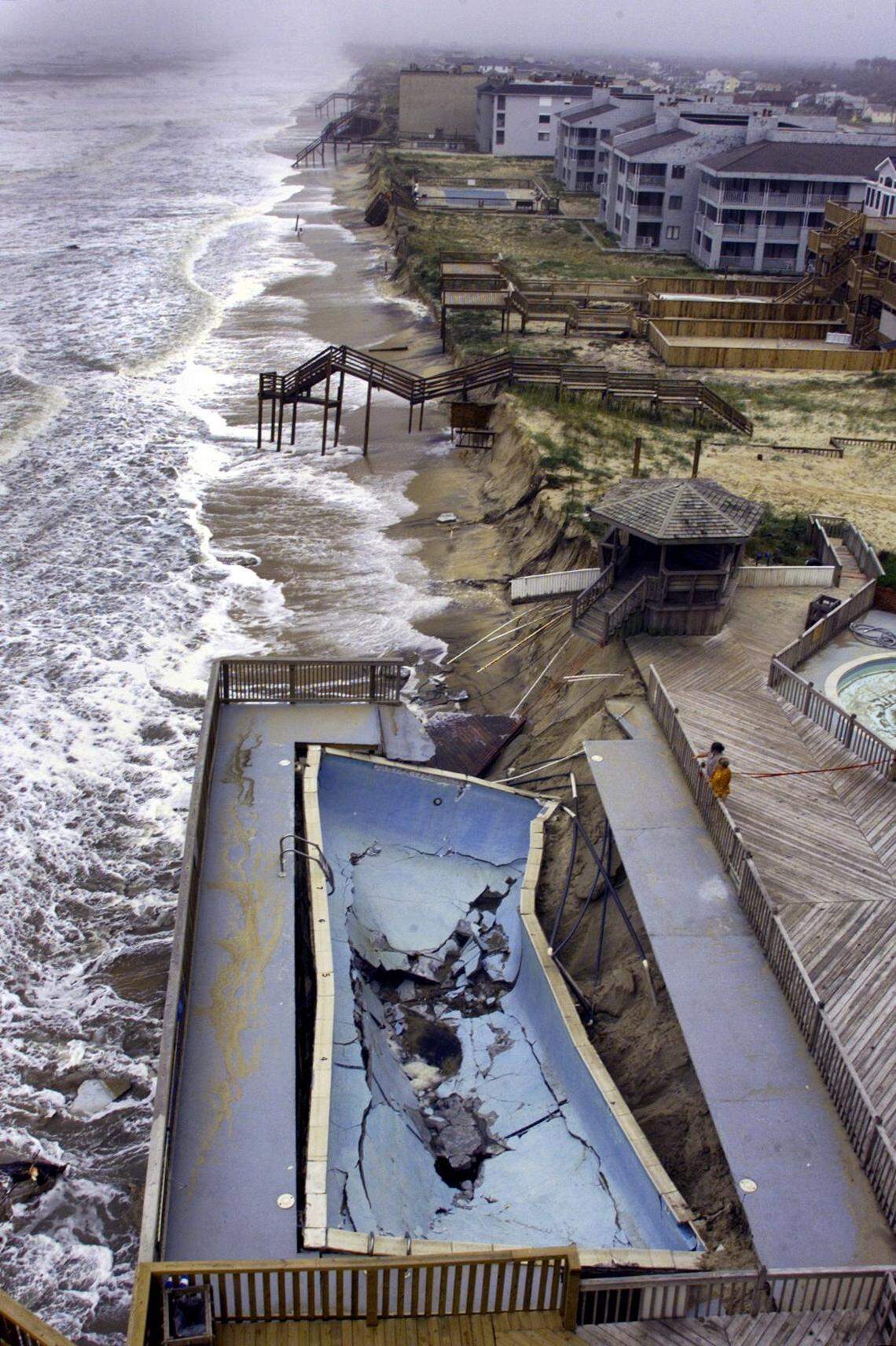 The swimming pool at the Comfort Inn South in Nags Head collapsed after several days of pounding by heavy surf generated by Hurricane Dennis in September 1999. The Atlantic hurricane season started June 1. and 2025 is expected to be another busier-than-normal year for potentially dangerous storms.