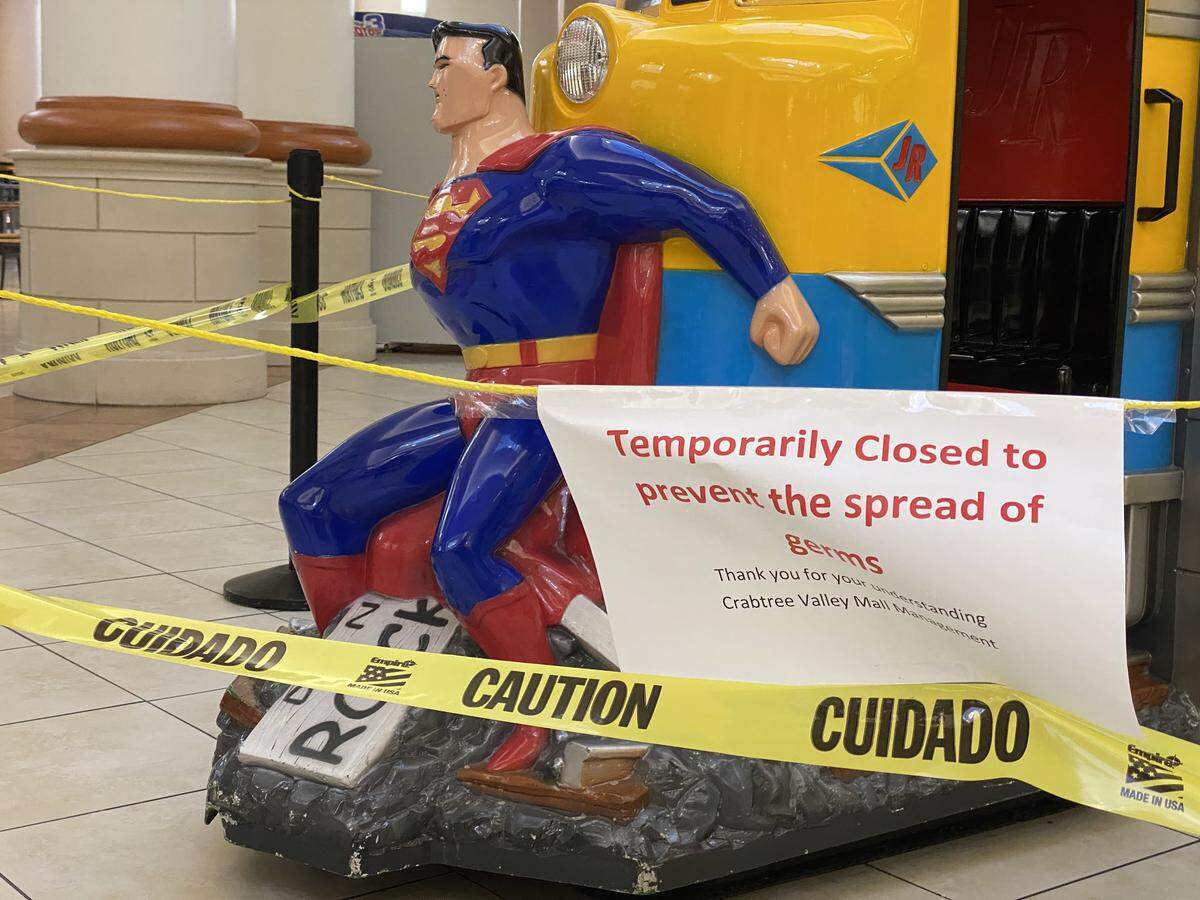 Ride toys at Crabtree Valley Mall in Raleigh are off limits because of concerns over the spread of COVID-19 coronavirus. Photo taken March 18, 2020.