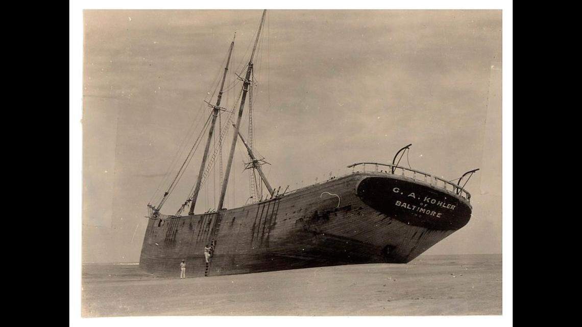 The Kohler, a four-masted schooner, was pushed to shore by a hurricane in 1933, according to the park service. It was stranded on the beach for a decade before being “burned during World War II for her iron fittings,” the National Park Service reports.