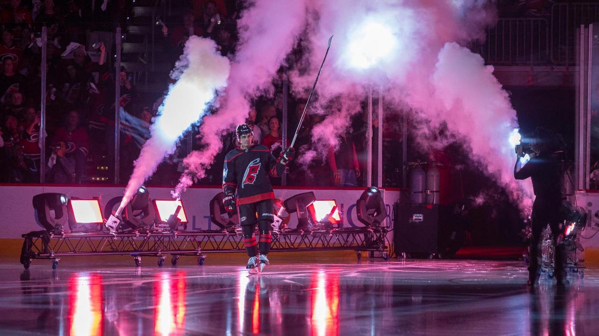 The Carolina Hurricanes Seth Jarvis (24) is introduced prior to the season home opener against Ottawa on Wednesday, October 11, 2023 at PNC Arena, in Raleigh N.C.