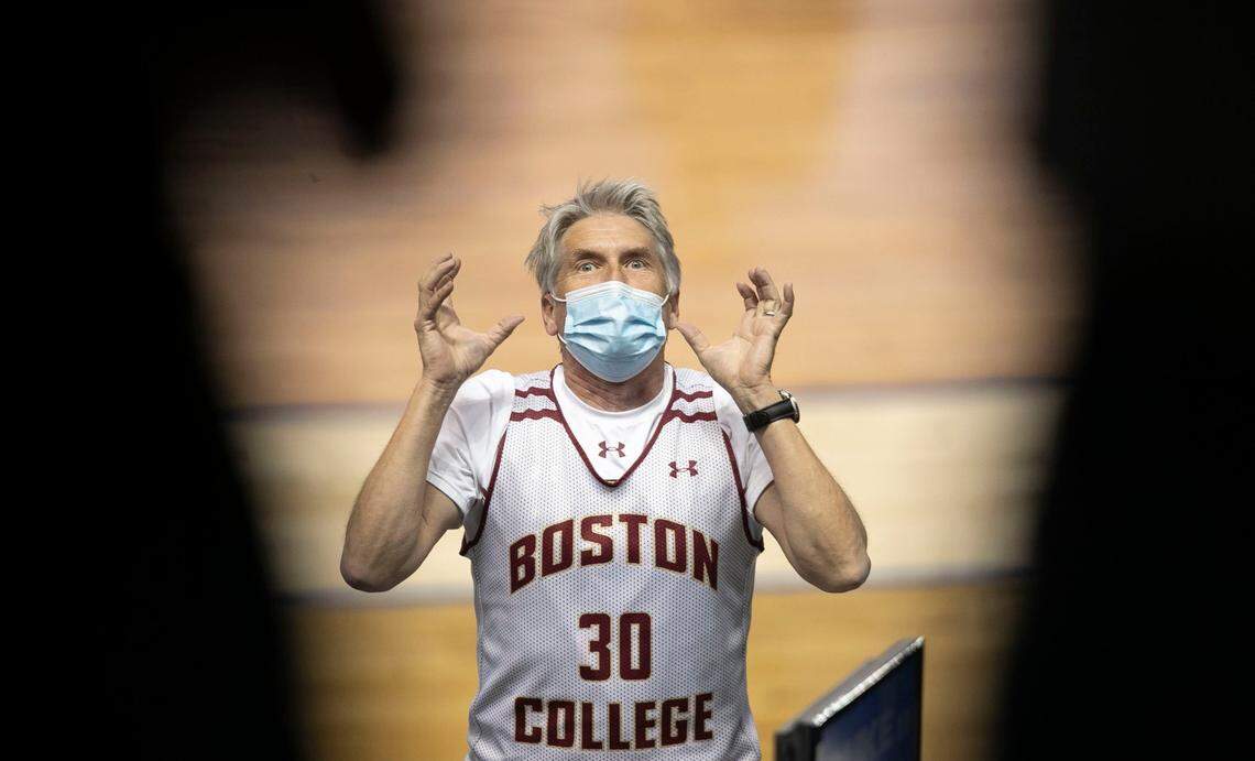 Jim Gurbach, of Los Angeles, Ca., leads the cheers in the Boston College section during their game against Duke at the ACC Tournament on Tuesday, March 9, 2021 at the Greensboro Coliseum in Greensboro, N.C.