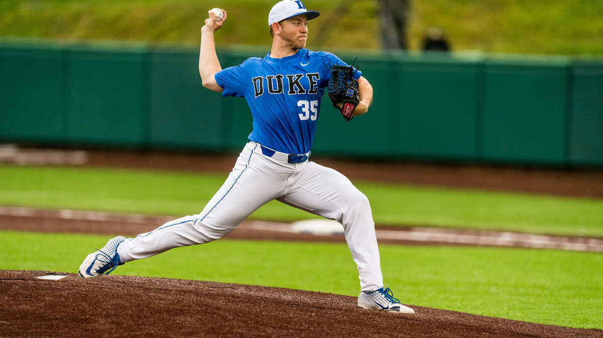 Ben Gross throws a pitch against Virginia Tech during a April 2019 game. Gross has emerged as Duke’s ace pitcher in a season where the Blue Devils are among the ACC leaders in strikeouts.