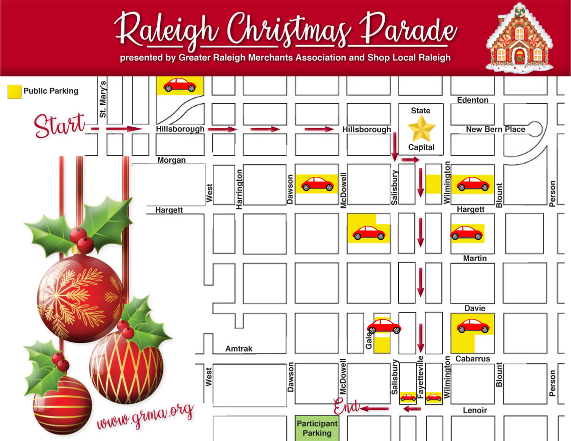 The parade route for the 80th annual Raleigh Christmas Parade