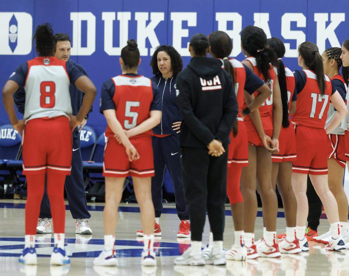 Head coach Kara Lawson speaks with players during USA Basketball Women’s National Team training camp on Friday, Dec. 12, 2025, in Durham, N.C.