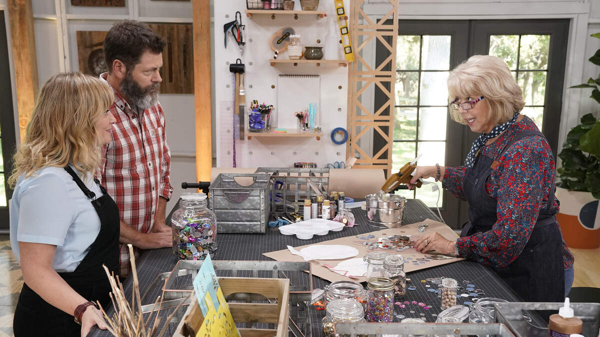 Amy Poehler, left, and Nick Offerman with “Making It” contestant Jemma.