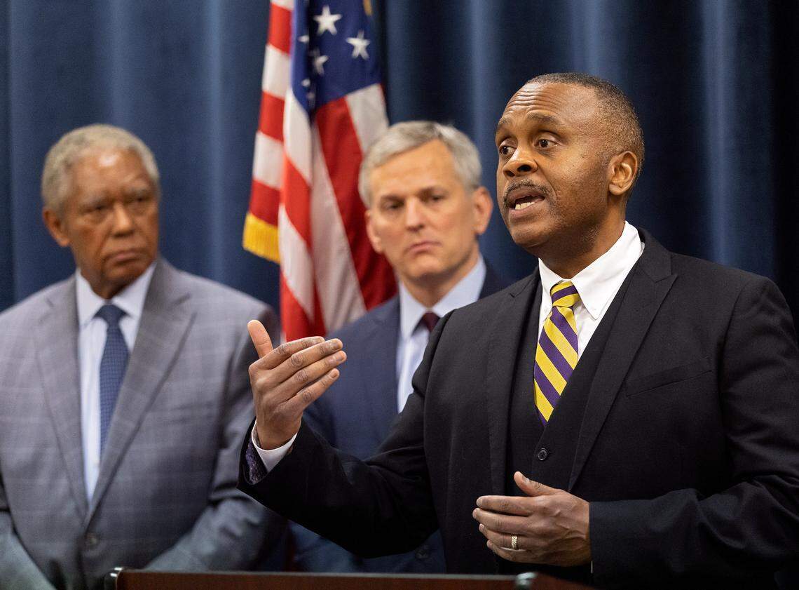 In this file photo, North Carolina House Minority Leader Robert Reives speaks at the North Carolina Department of Justice in Raleigh, N.C. On the left are Senate Minority Leader Dan Blue and Attorney General Josh Stein. Stein, a Democrat, is running for governor.
