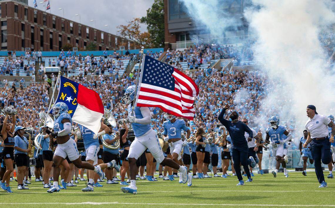 The North Carolina Tar Heels enter Kenan Stadium for their game against Charlotte on Saturday, September 7, 2024 in Chapel Hill, N.C.