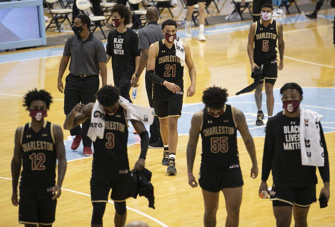 College of Charleston players leave the court following their 79-60 loss to North Carolina on Wednesday, November 25, 2020 at the Smith Center in Chapel Hill, N.C.