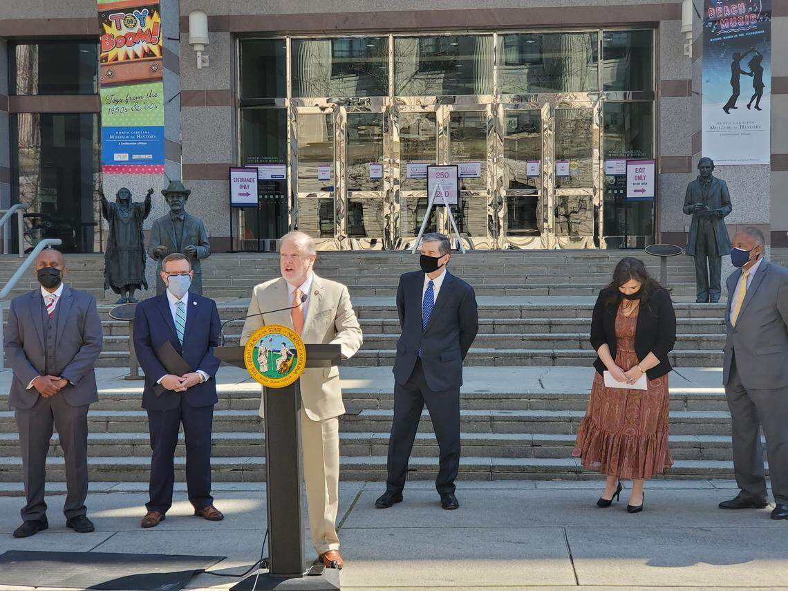 Senate leader Phil Berger speaks at a bipartisan news conference on school reopening on March 10, 2021.