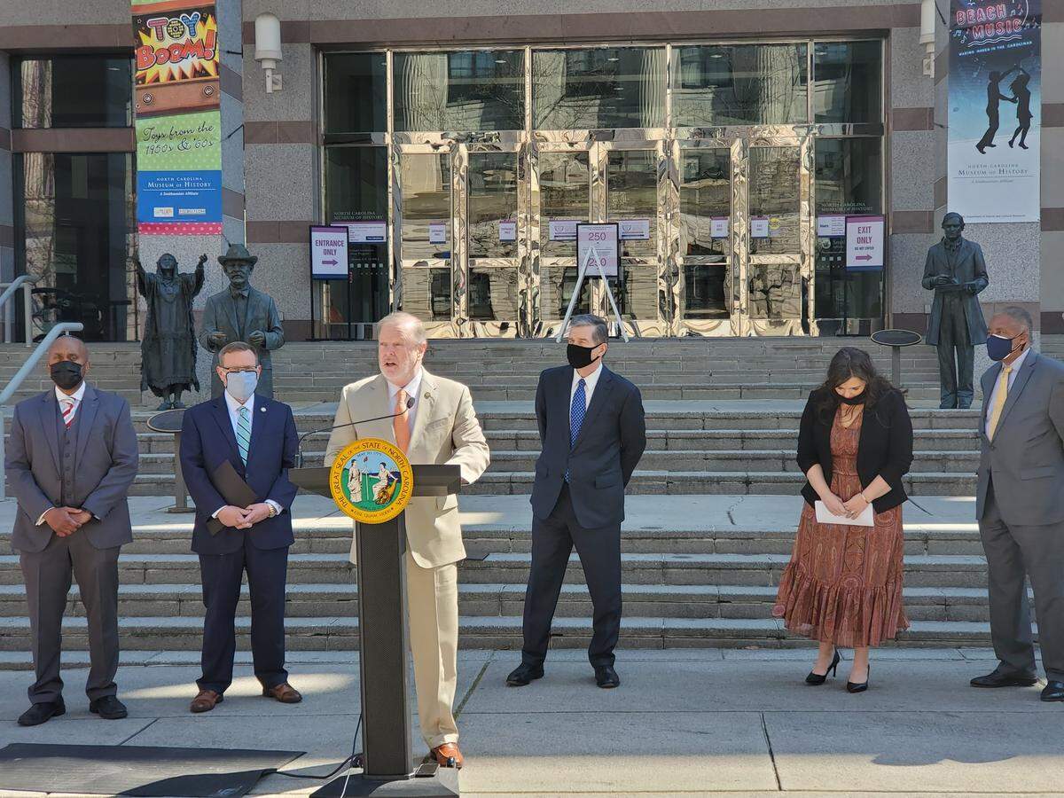 Senate leader Phil Berger speaks at a bipartisan news conference on school reopening on March 10, 2021.