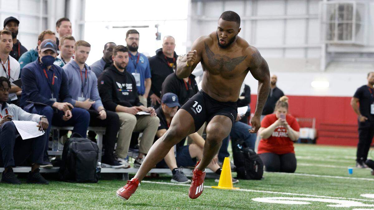 N.C. State’s Isaiah Moore runs the 20-yard shuttle during the Wolfpack’s Pro Day at the Close-King Indoor Facility in Raleigh, N.C., Tuesday, March 28, 2023.