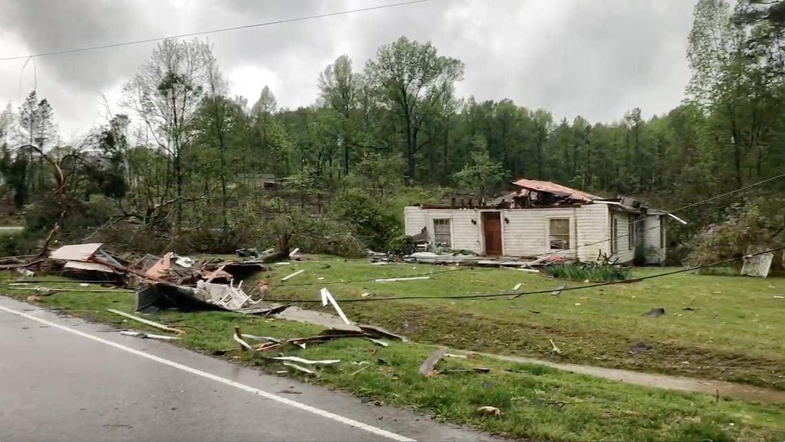 High winds damaged this house south of Hillsborough, N.C. near the intersection of I-40 and Old 86 Highway Friday afternoon, April 19, 2019.