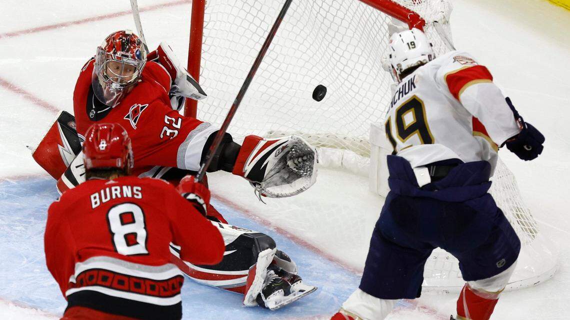 Florida left wing Matthew Tkachuk (19) scores on Carolina goaltender Antti Raanta (32) during the overtime of the Panthers’ 2-1 overtime victory over the Hurricanes in the Eastern Conference Finals at PNC Arena in Raleigh, N.C., Saturday, May 20, 2023.