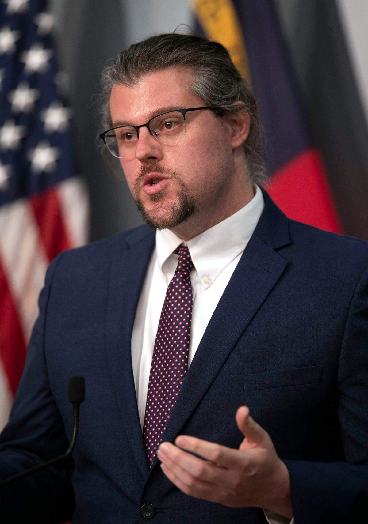 Kody Kinsley, Deputy Secretary of Health & Human Service, speaks during a press on the COVID-19 virus and vaccination efforts on Thursday, February 18, 2021 at the Emergency Operations Center in Raleigh, N.C.
