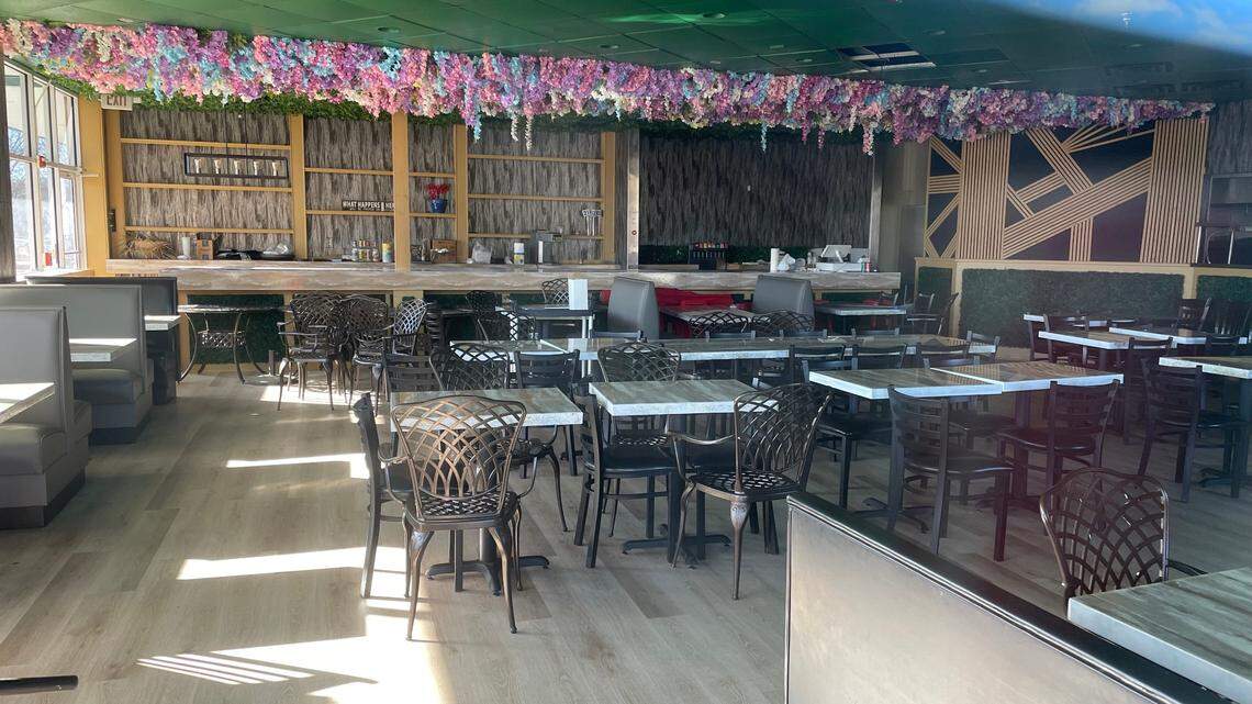 The empty interior of the popular chicken restaurant at the corner of Wake Forest & Six Forks roads in Raleigh, NC, photographed in February 2024.