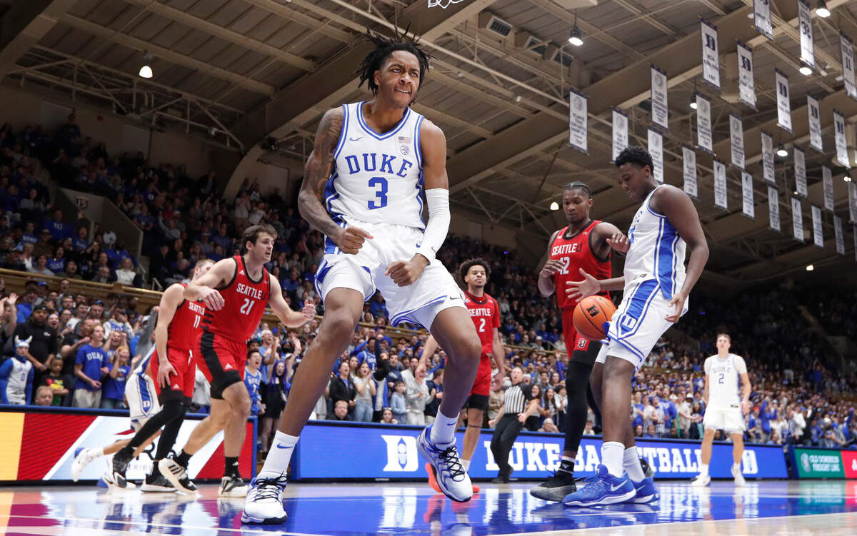 Duke’s Isaiah Evans (3) celebrates after slamming in two during Duke’s 70-48 victory over Seattle at Cameron Indoor Stadium in Durham, N.C., Friday, Nov. 29, 2024.