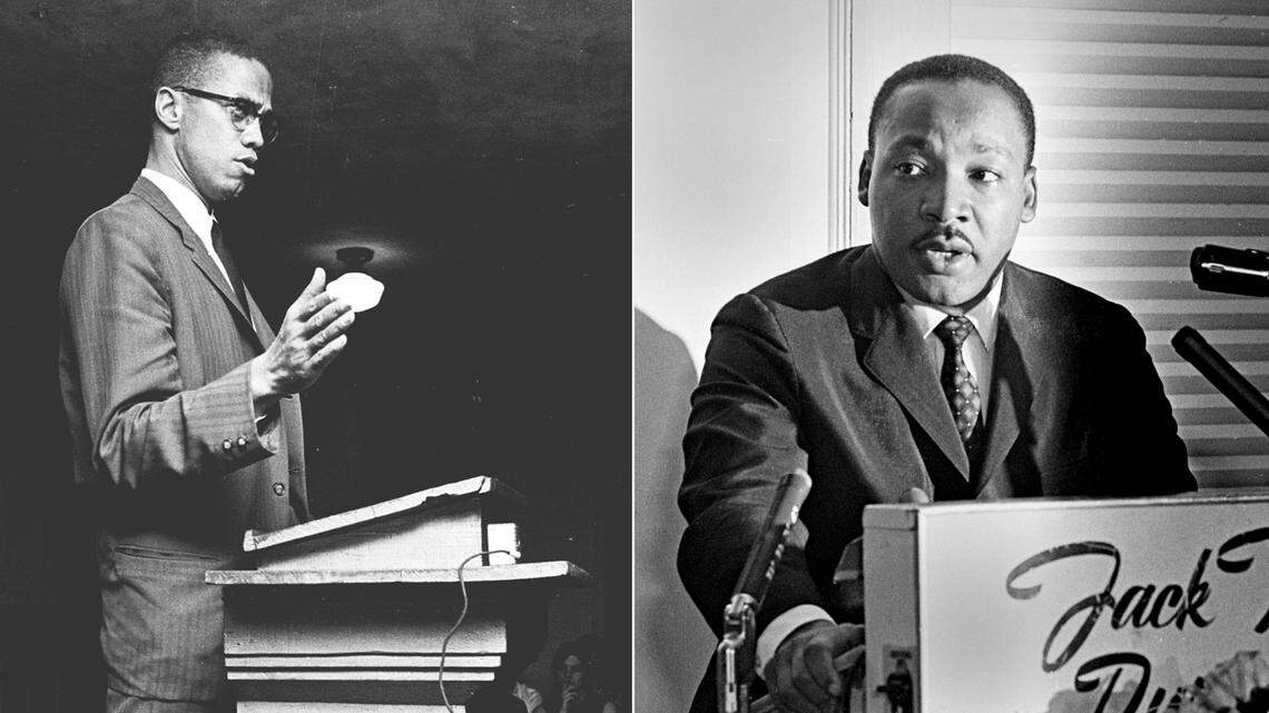 Malcolm X speaks at a rally on April 18, 1963 in Durham at left, and Martin Luther King Jr. speaks to the Southern Political Science Association meeting in Durham on Nov. 13, 1964.