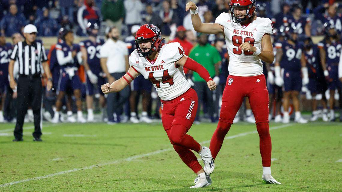 N.C. State place kicker Brayden Narveson (44) celebrates after hitting a 33-yard field goal to give N.C. State a 24-21 victory over Virginia at Scott Stadium in Charlottesville, Va., Friday, Sept. 22, 2023.