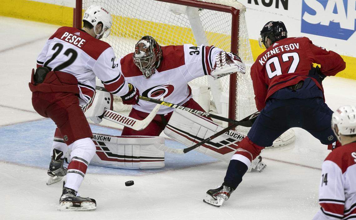 Carolina Hurricanes’ goalie Petr Mrazek (34) stops a shot by Washington Capitals’ Evgeny Kuznetsov (92) in the first overtime period during Game 7 of their first round Stanley Cup series on Wednesday, April 24, 2019 at Capital One Arena in Washington, D.C.