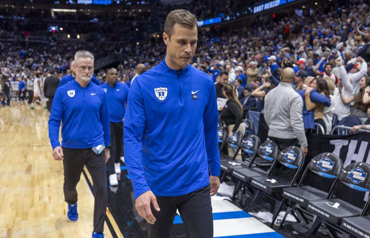 Duke coach Jon Scheyer leaves the court after falling to Connecticut 73-72 on Sunday, March 29, 2026, in the NCAA East Regional Championship, at Capital One Arena in Washington, D.C.