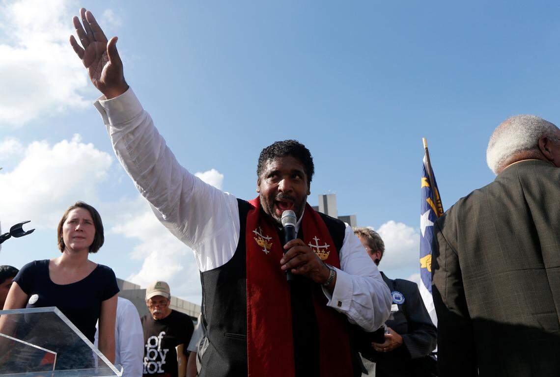 The Rev. William Barber speaks during “Moral Monday” protests on Halifax Mall in Raleigh, N.C., Monday, July 22, 2013.