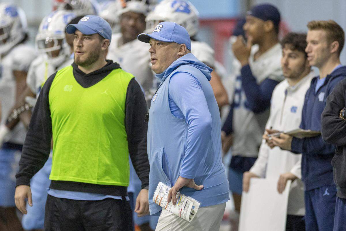 North Carolina defensive coordinator Geoff Collins during the Tar Heels’ scrimmage on Thursday, April 11, 2024 in Chapel Hill, N.C.