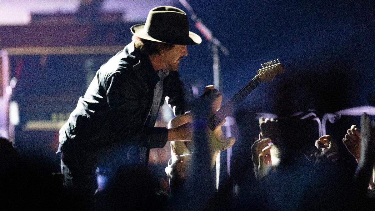 Eddie Vedder works the crowd as Pearl Jam rocks Raleigh, N.C.’s Lenovo Center, Sunday night, May 11, 2025.