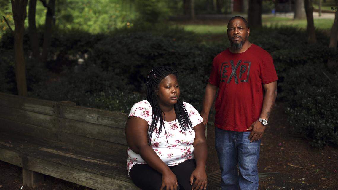 Whitney Brown, left, and Keith Sellars at Burlington City Park in Burlington, N.C., July 25, 2018. Sellars and Brown are among 12 people who voted in the 2016 election while still on felony probation or parole who are now being prosecuted in Alamance County. “I didn’t know,” Sellars said. “I thought I was practicing my right.”