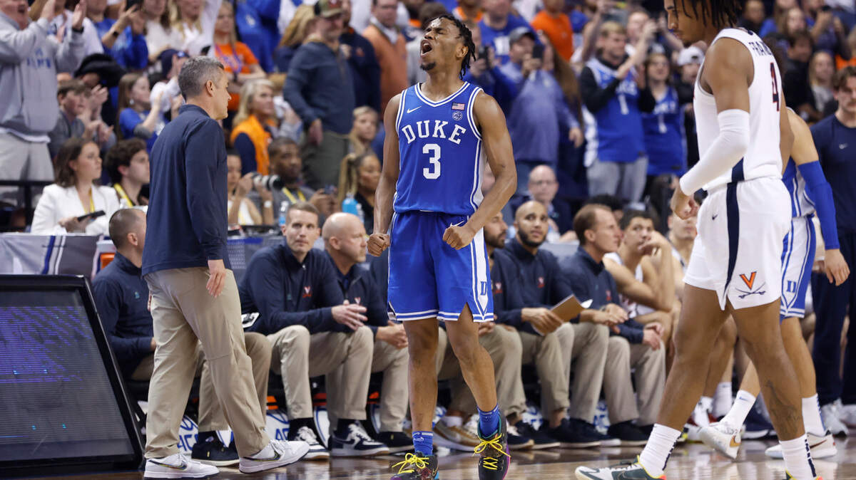 Duke’s Jeremy Roach (3) celebrates late in the second half of Duke’s 59-49 victory over Virginia to win the ACC Men’s Basketball Tournament in Greensboro, N.C., Saturday, March 11, 2023.