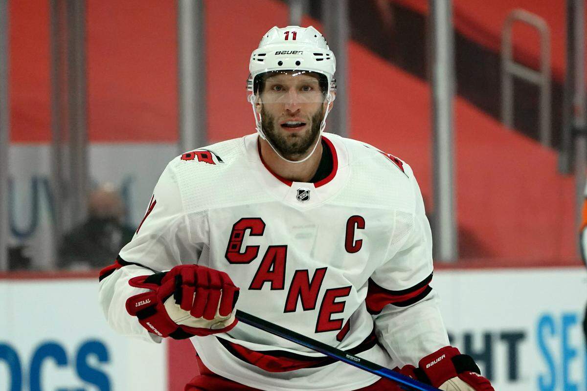 Carolina Hurricanes center Jordan Staal (11) plays against the Detroit Red Wings in the first period of an NHL hockey game Thursday, Jan. 14, 2021, in Detroit. (AP Photo/Paul Sancya)
