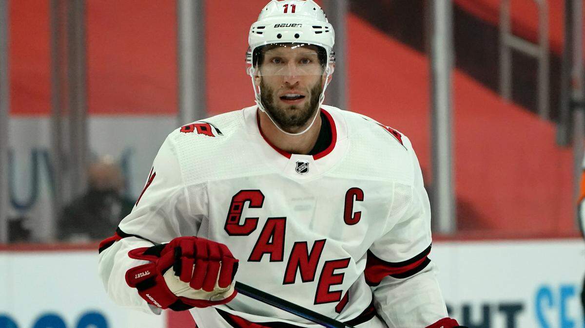 Carolina Hurricanes center Jordan Staal (11) plays against the Detroit Red Wings in the first period of an NHL hockey game Thursday, Jan. 14, 2021, in Detroit. (AP Photo/Paul Sancya)
