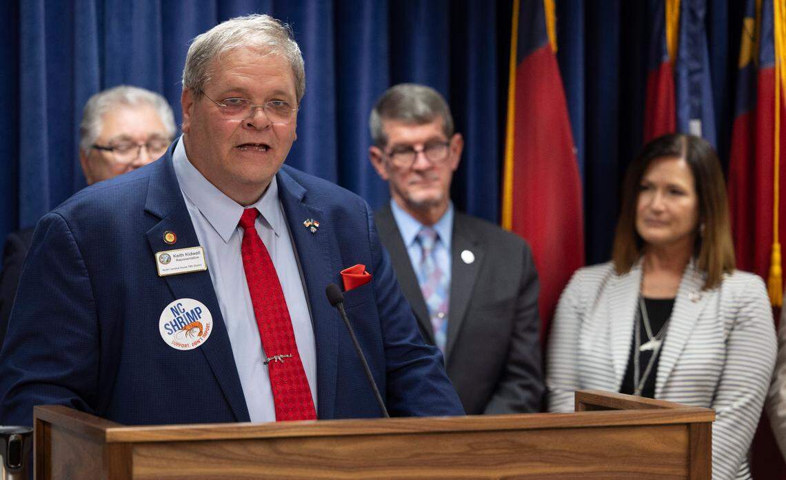 Rep. Keith Kidwell who represents Pamlico County speaks in opposition to HB 442 during a press conference on Tuesday, June 24, 2025 in at the North Carolina General Assembly in Raleigh, N.C. HB 442 would prohibit shrimp trawling in all inshore fishing waters and within one-half mile of the shoreline.