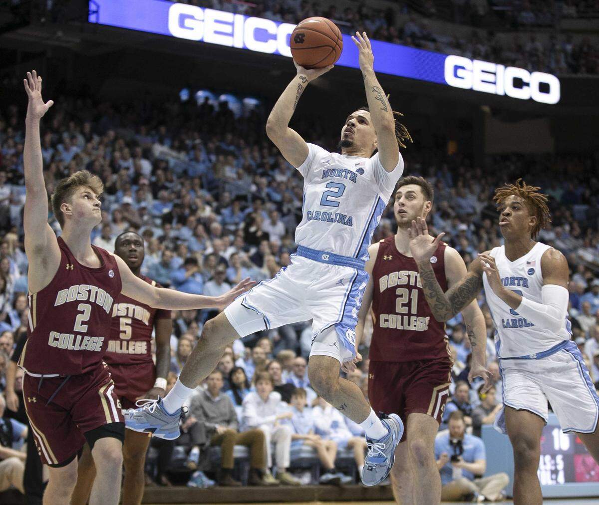 North Carolina’s Cole Anthony (2) drives to the basket against Boston College’s Julian Rishwain (2) during the first half on Saturday, February 1, 2020 at the Smith Center in Chapel Hill, N.C.