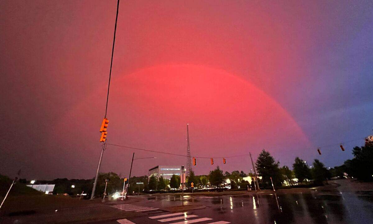 A rainbow is spotted north of Downtown Raleigh, N.C., on the evening of Aug. 7, 2023, after storms rolled through Central North Carolina.