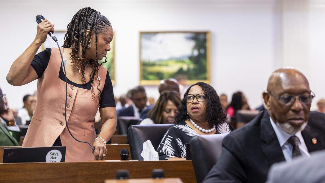 Rep. Carla D. Cunningham, a Democrat from Mecklenburg County, speaks in favor of a veto override vote on an immigration enforcement bill, breaking ranks with fellow Democrats during a series of veto override votes Tuesday, July 29, 2025, at the General Assembly.