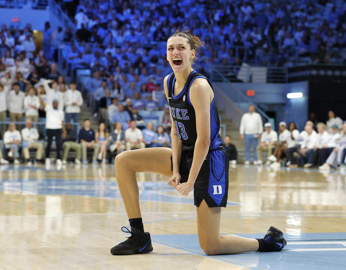 Duke’s Jordan Wood reacts after a foul was called on North Carolina during the first half of the Blue Devils’ game on Sunday, March 1, 2026, at Carmichael Arena in Chapel Hill, N.C.
