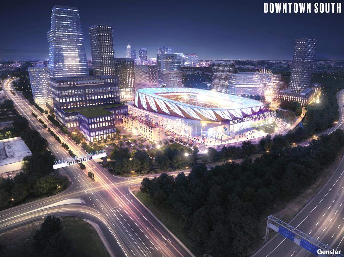 A rendering of Downtown South, a proposed 55 acres of development south of downtown Raleigh that includes a 20,000-seat stadium that would be surrounded by nearly $2 billion worth of private development.