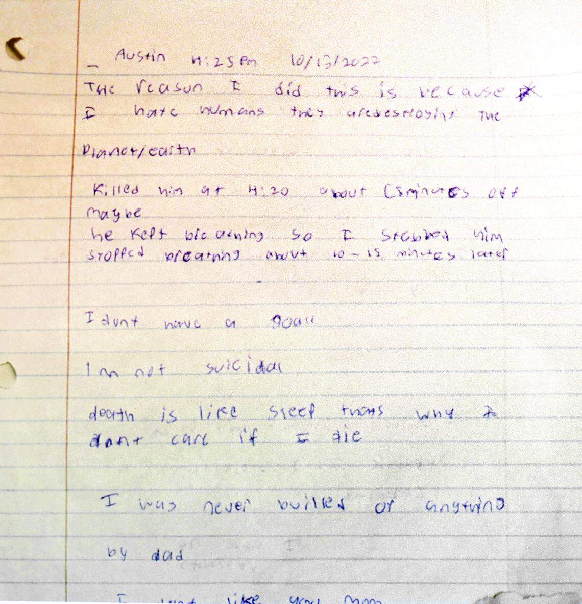A note found in the Thompson home is shown during the sentencing hearing for Austin Thompson on Feb. 5. Thompson pleaded guilty in the 2022 Hedingham neighborhood mass shooting.